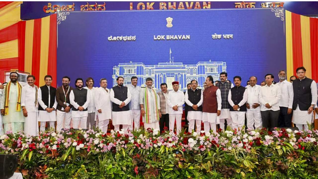 ktka cabinet Karnataka Chief Minister DK Shivakumar and Governor Thaawar Chand Gehlot with the new ministers and others after the swearing-in ceremony on 3 August 2026.