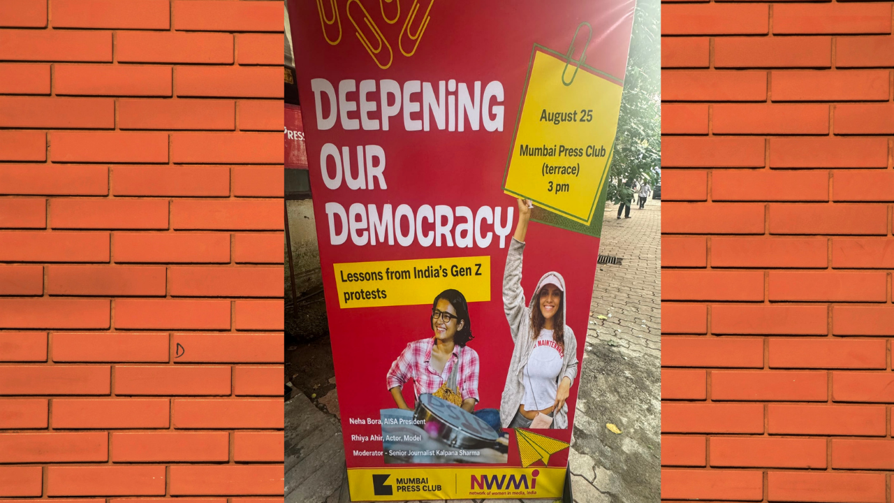 Poster of the discussion featuring Neha Bora and Rhiya Ahir