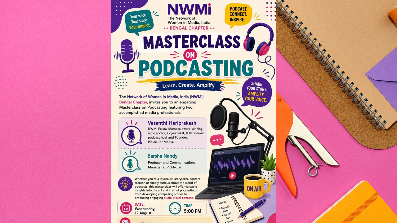 podcast Vasanthi Barsha Poster showing details about Masterclass on Podcasting with Vasanthi Haripraskash and Barsha Nandy. There are images of laptop, mike, stationery