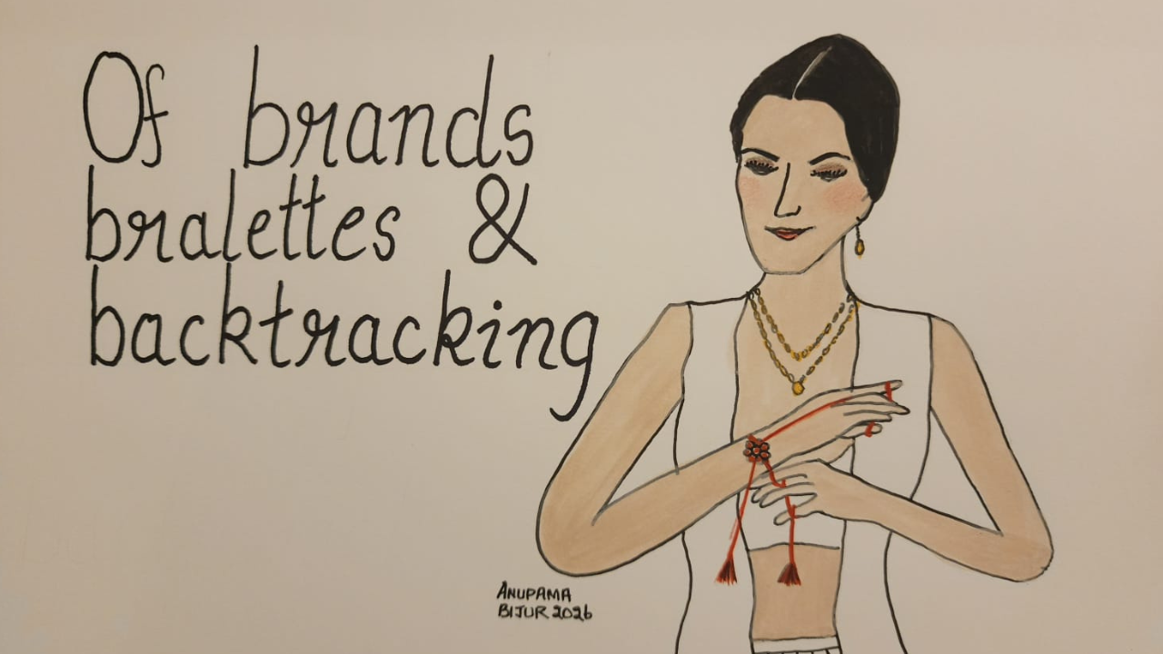 An illustration which shows actor Kriti Sanon with a rakhi on her wrist. The text Of brands, bralettes and backtracking can be seen.