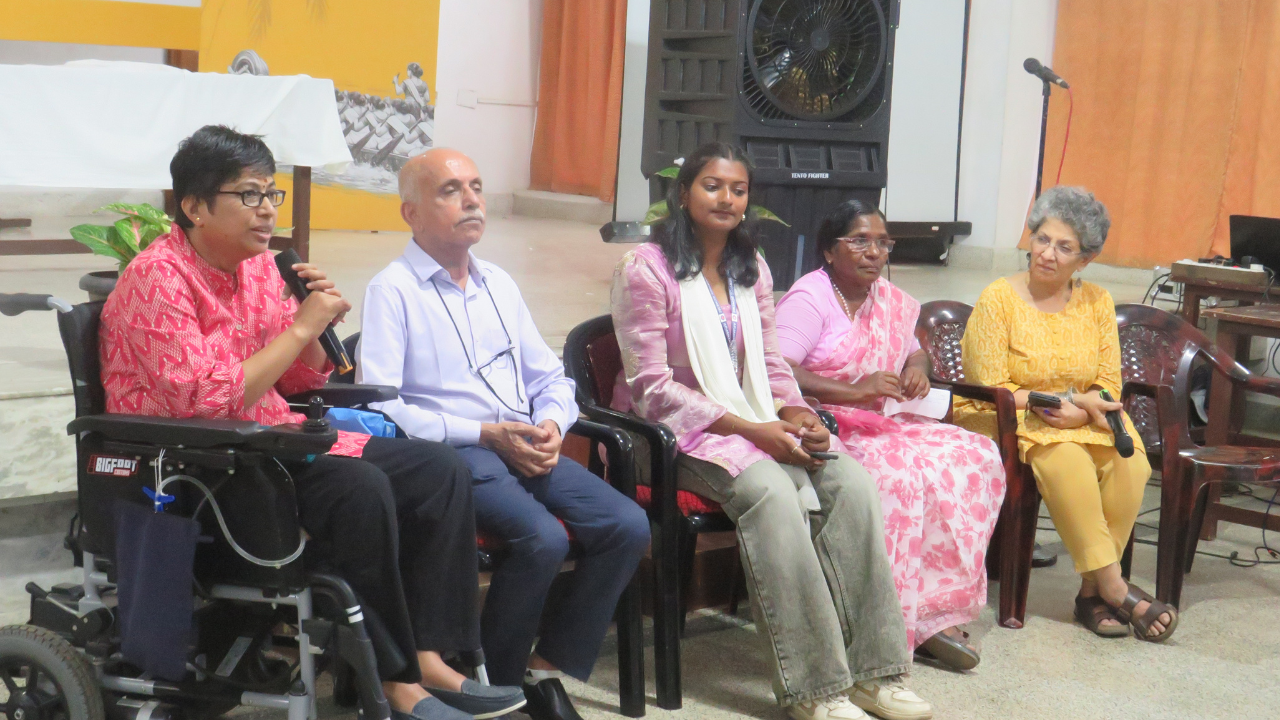 Panellists at the session on palliative care in Kerala at the 2026 NWMI National Meet in Thiruvananthapuram. From left: Ashla Rani, Trustee and Volunteer, Pallium India, Dr MR Rajagopal, Founder-Chairman, Pallium India, Saima Mol, Student Palliative Care Worker, KP Rosamma, Vice-president, Kerala ASHA Health Workers’ Association and Sandhya Srinivasan, Independent Journalist.