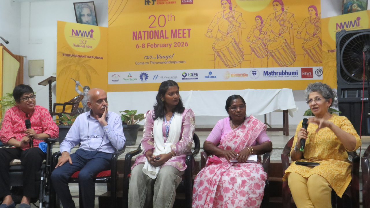 Panellists at the session on palliative care in Kerala at the 2026 NWMI National Meet in Thiruvananthapuram. From left: Ashla Rani, Trustee and Volunteer, Pallium India, Dr MR Rajagopal, Founder-Chairman, Pallium India, Saima Mol, Student Palliative Care Worker, KP Rosamma, Vice-president, Kerala ASHA Health Workers’ Association and Sandhya Srinivasan, Independent Journalist.