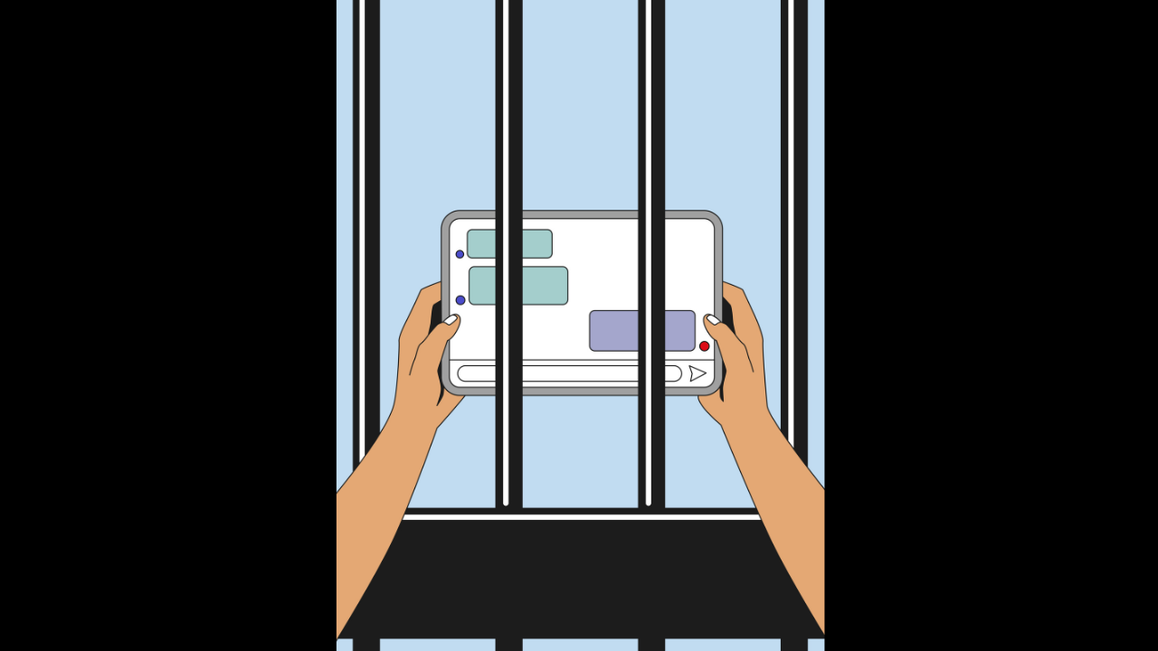 women journalists attack Illustration of hands in a jail holding up a tablet through the bars