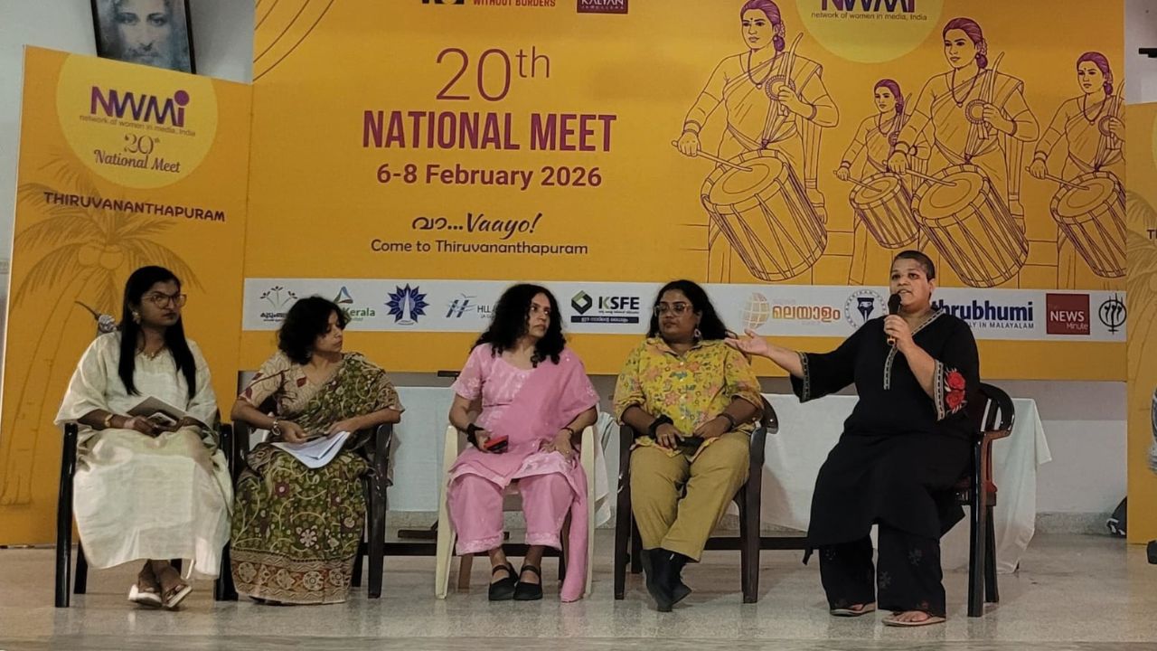 Panellists at the session on use of AI in journalism. From left: Dheeshma Puzhakkal, Editor, Fact-Check Division, NewsMeter, Divya Arya, Senior Correspondent, Collective Newsrooms for BBC, Ramya Kannan, Chief of Bureau, Tamil Nadu, The Hindu, Azeefa Fathima, Senior Reporter, The News Minute, Ayswarya Murthy, Assistant Editor, 101Reporters