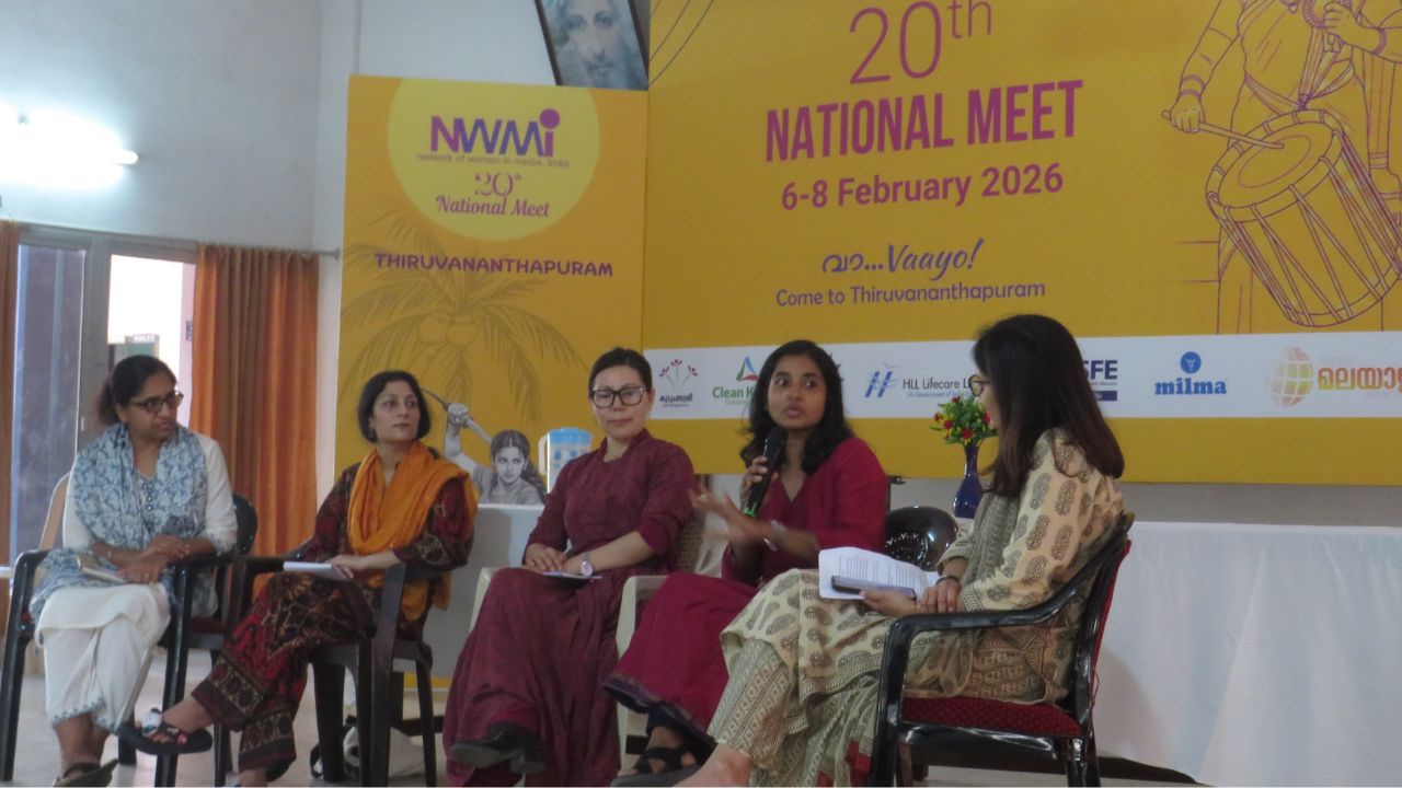 Panellists at the session on environmental reporting at the 2026 NWMI Meet in Thiruvananthapuram. From left: Ravleen Kaur, Independent Journalist, Assam, Arjumand Shaheen, Independent Journalist, Jammu and Kashmir, Rinchen Angmo, Independent Journalist, Ladakh, Haritha John, Chief of Kerala Bureau, The News Minute, Shalini Umachandran, Editor, Mint Lounge