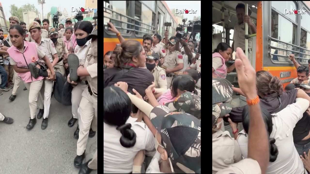 Screenshots showing a woman journalist who was covering the Delhi protests being taken away by Delhi Police.