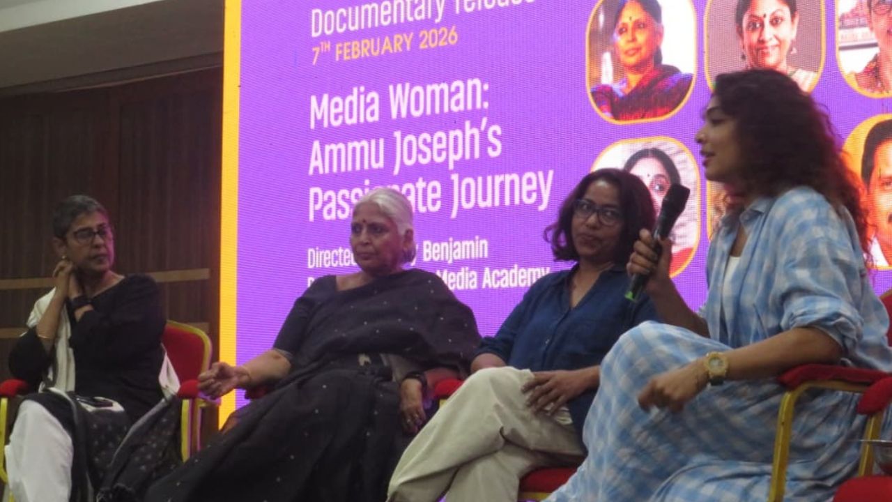 Panellists at the public meet discussion. From left: Miriam Joseph, film producer and former journalist, Bina Paul, film editor and curator, Shahina KK, independent journalist and Rima Kallingal, actor, producer and dancer.