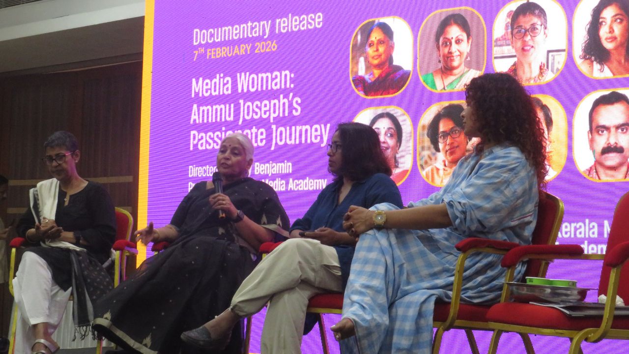 Panellists at the public meet discussion. From left: Miriam Joseph, film producer and former journalist, Bina Paul, film editor and curator, Shahina KK, independent journalist and Rima Kallingal, actor, producer and dancer.